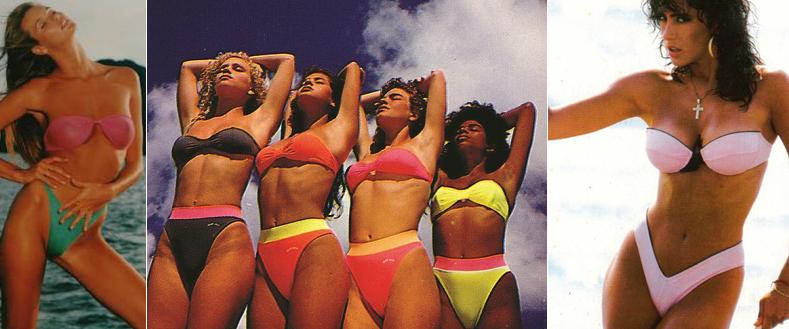 Modelos de biquíni tomara que caia no Brasil dos anos 1980 e 1990.