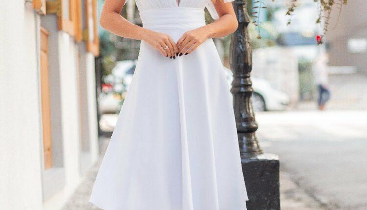 vestido midi para casamento civil com laço