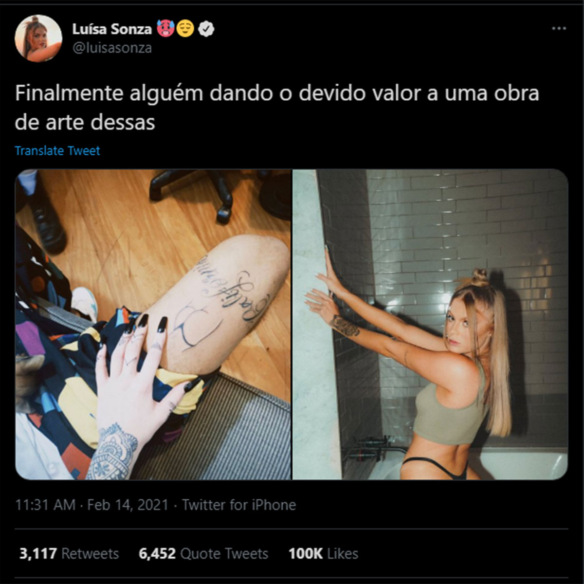 Tatuagem do bumbum de Luísa Sonza na perna de Vitão
