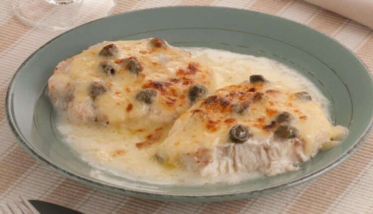 Cação gratinado com vinho